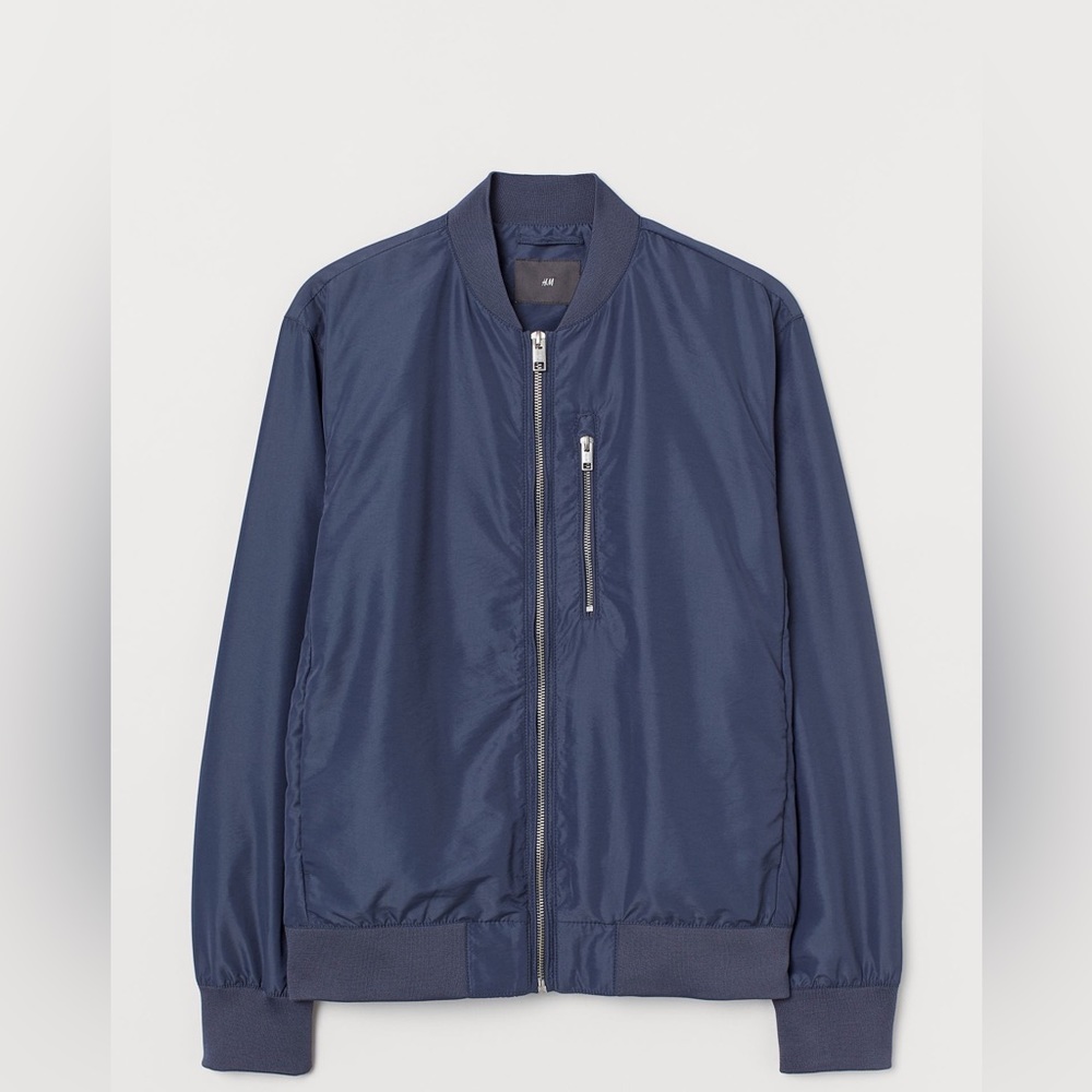 Navy Blue Bomber Jacket with Black Accents